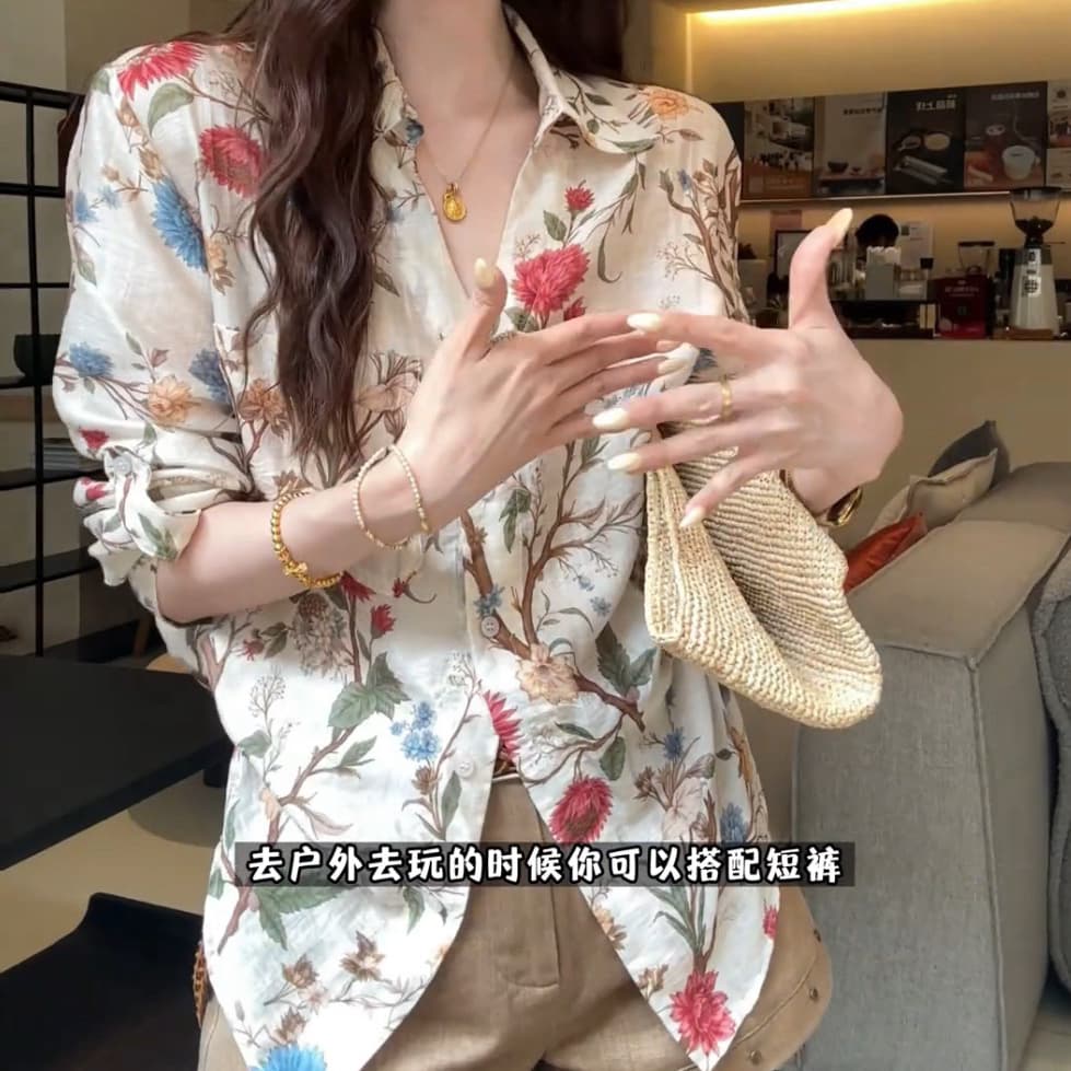 재고 있음 프랑스식 레트로 휴가 바람 프린트 여성 셔츠 봄 가을 새로운 느긋한 품격 얇은 스타일 통기성 자외선 차단 맨위 이미지 3