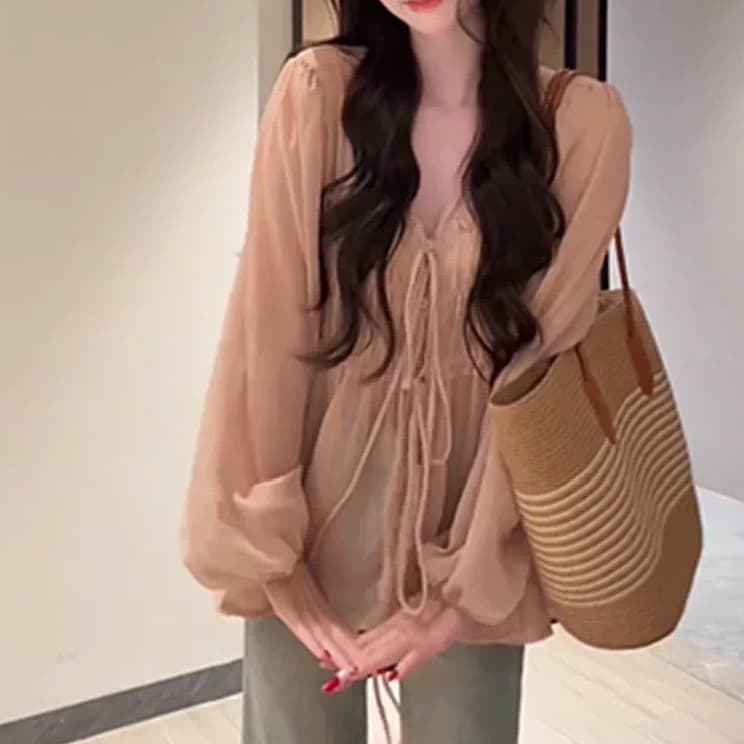 재고 있음 한 부서 달콤한 스타일 V넥 주름 레이스업 긴팔 셔츠 봄 가을 루즈핏 슬림해 보이는 다용도 투피스 세트 맨위