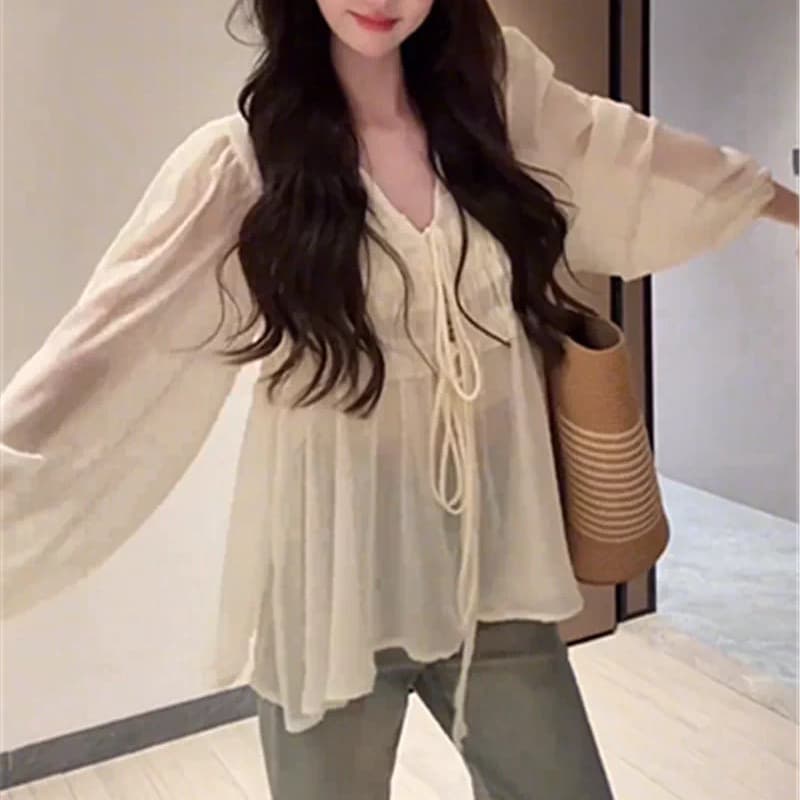 재고 있음 한 부서 달콤한 스타일 V넥 주름 레이스업 긴팔 셔츠 봄 가을 루즈핏 슬림해 보이는 다용도 투피스 세트 맨위 상세 이미지 4