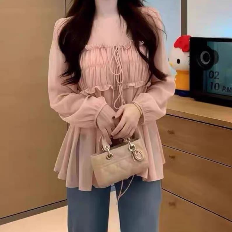 재고 있음 한 부서 달콤한 스타일 V넥 주름 레이스업 긴팔 셔츠 봄 가을 루즈핏 슬림해 보이는 다용도 투피스 세트 맨위 상세 이미지 5