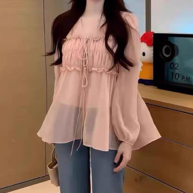 재고 있음 한 부서 달콤한 스타일 V넥 주름 레이스업 긴팔 셔츠 봄 가을 루즈핏 슬림해 보이는 다용도 투피스 세트 맨위 상세 이미지 7