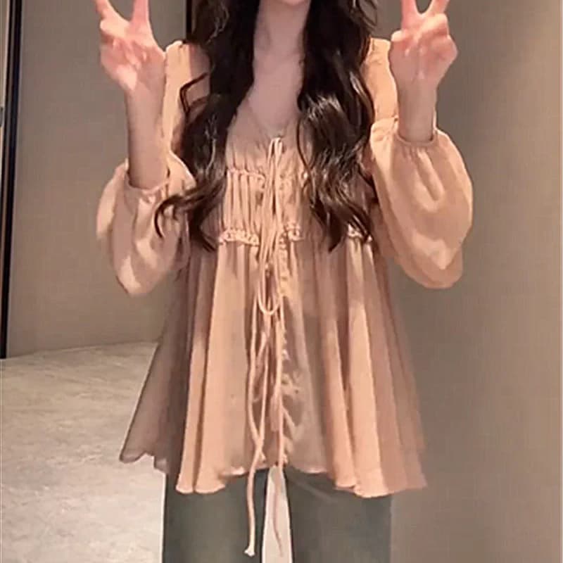 재고 있음 한 부서 달콤한 스타일 V넥 주름 레이스업 긴팔 셔츠 봄 가을 루즈핏 슬림해 보이는 다용도 투피스 세트 맨위 상세 이미지 8