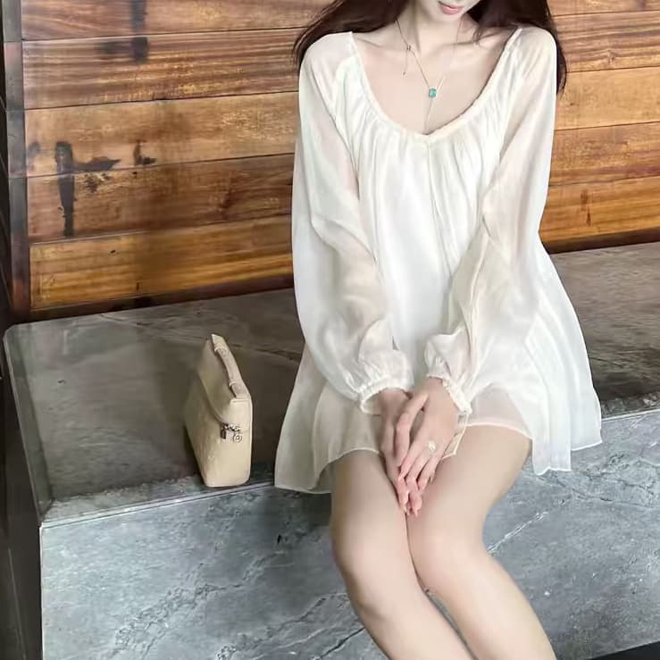 재고 있음 한 부서 플리츠 벌룬 소매 긴팔 맨위 여름 부드러운 느슨함 센스 루즈핏 슬림해 보이는 마이크로 ~을 통해 쉬폰 태양 보호 셔츠 이미지 2