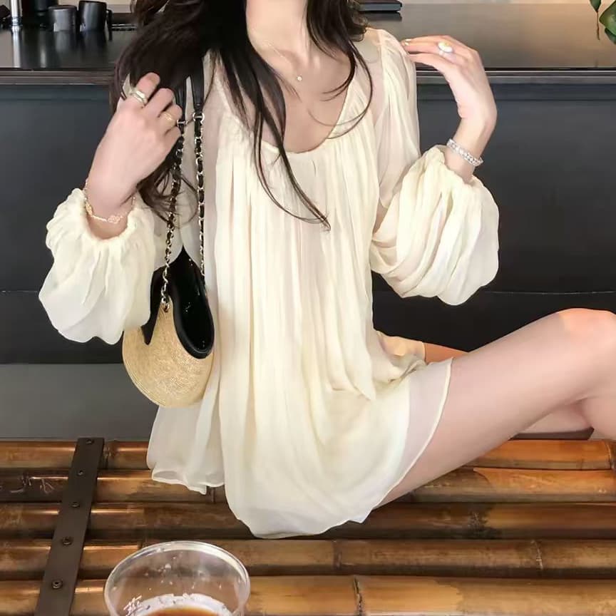 재고 있음 한 부서 플리츠 벌룬 소매 긴팔 맨위 여름 부드러운 느슨함 센스 루즈핏 슬림해 보이는 마이크로 ~을 통해 쉬폰 태양 보호 셔츠