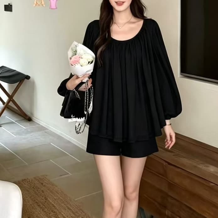 재고 있음 한 부서 플리츠 벌룬 소매 긴팔 맨위 여름 부드러운 느슨함 센스 루즈핏 슬림해 보이는 마이크로 ~을 통해 쉬폰 태양 보호 셔츠 상세 이미지 2