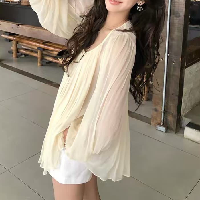 재고 있음 한 부서 플리츠 벌룬 소매 긴팔 맨위 여름 부드러운 느슨함 센스 루즈핏 슬림해 보이는 마이크로 ~을 통해 쉬폰 태양 보호 셔츠 상세 이미지 7