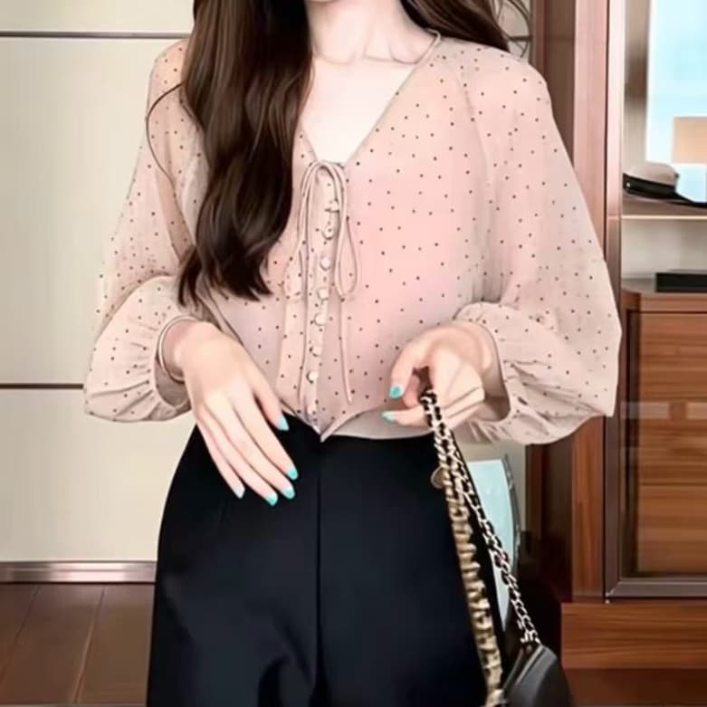 재고 있음 봄 가을 새로운 한 부서 부드러운 바람 V넥 벌룬 소매 도트 무늬 여성 셔츠 아름다운 착용 가져 가라. 아니요 명중 섹션 맨위 이미지 2