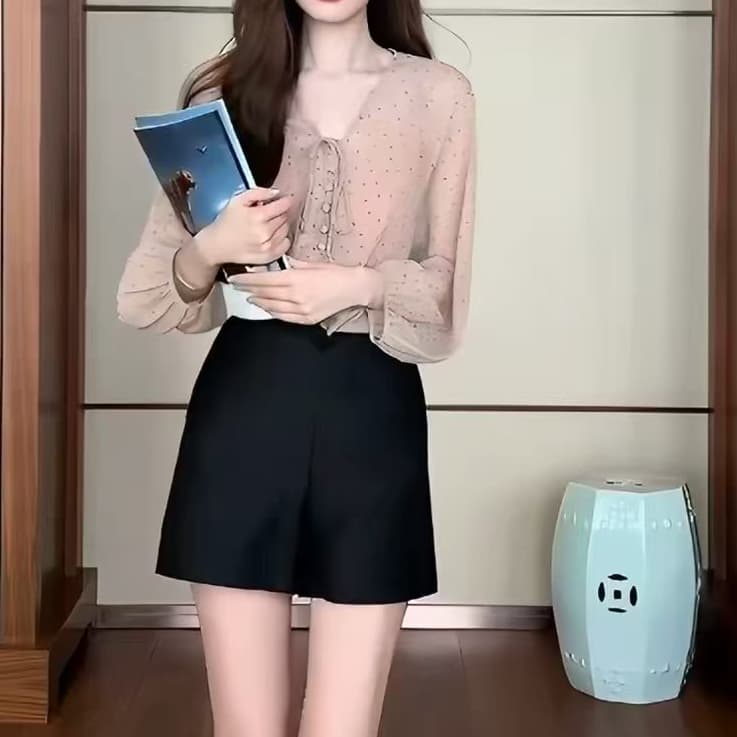 재고 있음 봄 가을 새로운 한 부서 부드러운 바람 V넥 벌룬 소매 도트 무늬 여성 셔츠 아름다운 착용 가져 가라. 아니요 명중 섹션 맨위 상세 이미지 6
