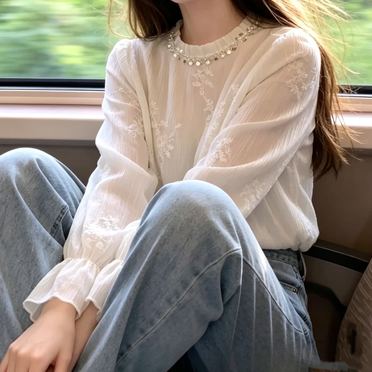 재고 있음 한 부서 빛 럭셔리 고급 센스 레이스 레이스 스팽글 자카드 여성 셔츠 봄 가을 패션 연령 감소 다용도 셔츠 이미지 4