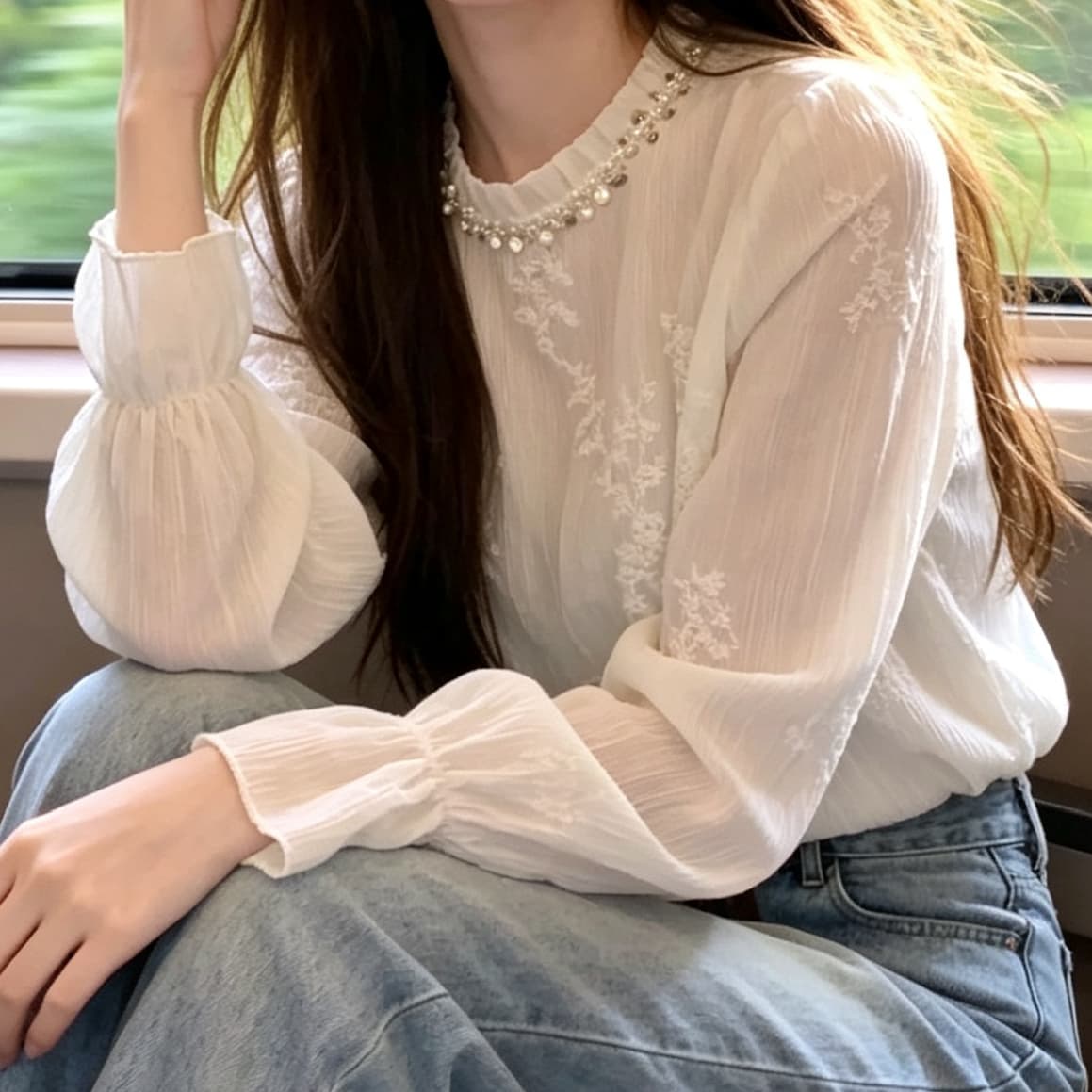 재고 있음 한 부서 빛 럭셔리 고급 센스 레이스 레이스 스팽글 자카드 여성 셔츠 봄 가을 패션 연령 감소 다용도 셔츠 상세 이미지 4