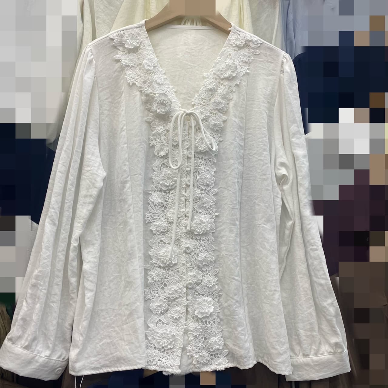 재고 있음 품격 단색 무거운 작업 레이스 V넥 긴팔 셔츠 여성 의류 가을 다용도 루즈핏 Chic 맨위 상세 이미지 1