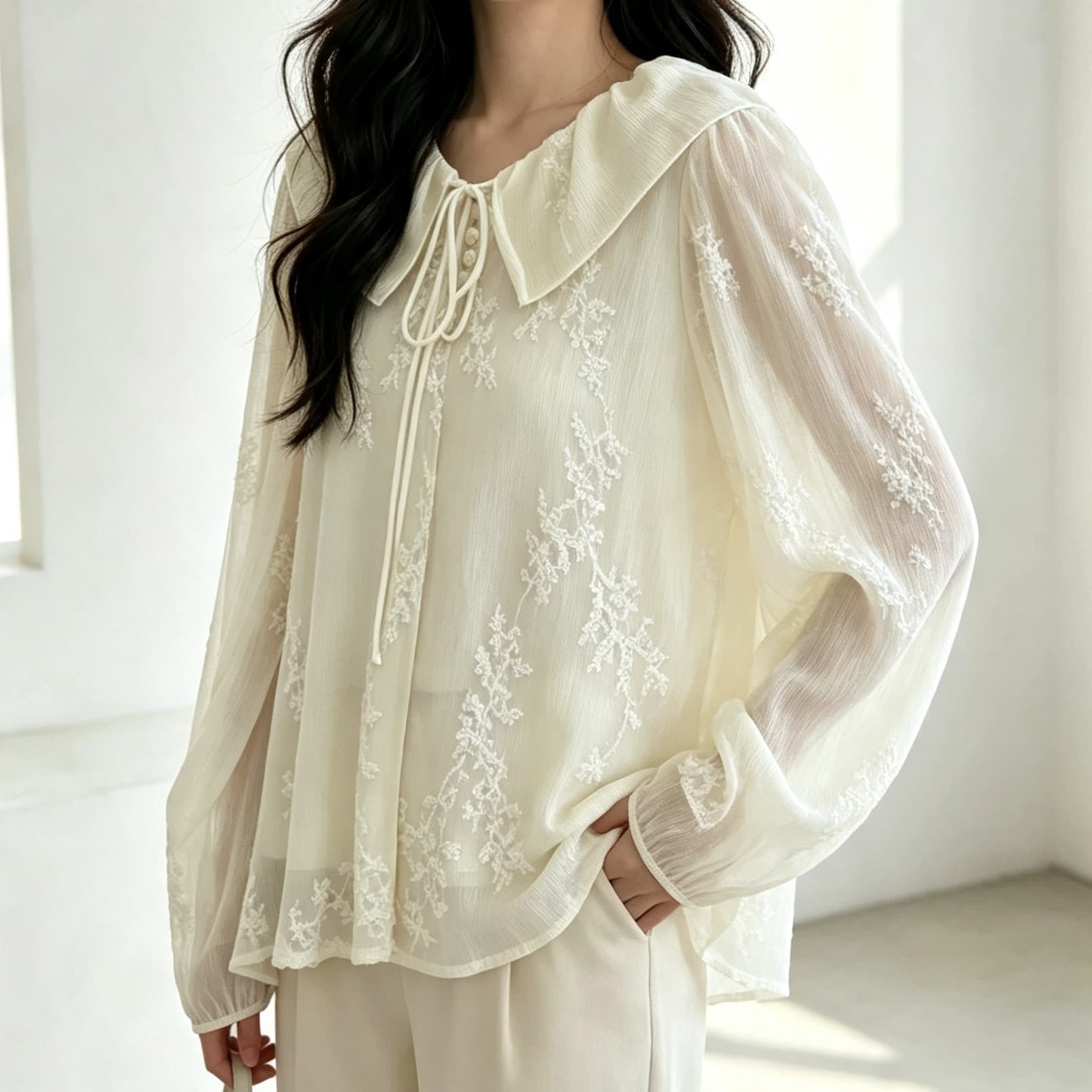 재고 있음 프랑스식 Chic 프릴 레이스 긴팔 여성 셔츠 봄 가을 빅 사이즈 지방 mm 얇은 스타일 미니멀리즘 다용도 맨위