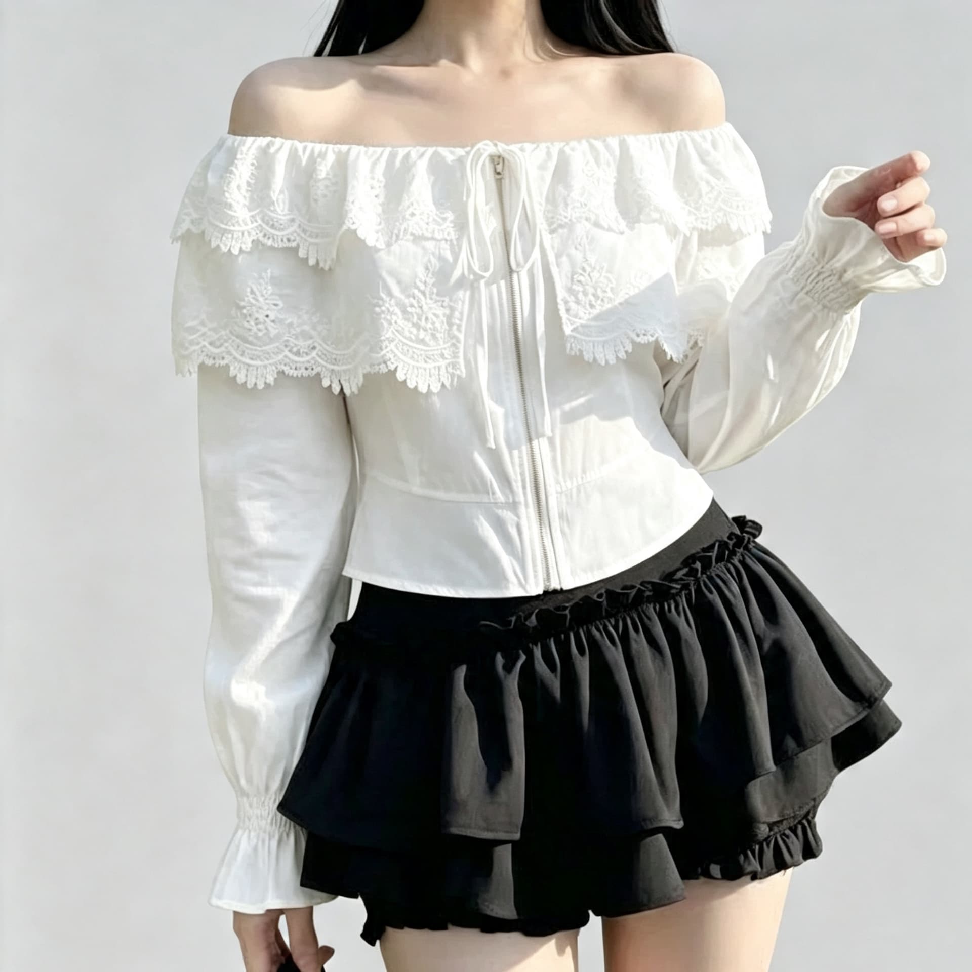 재고 있음 프랑스식 오프숄더 프릴 거품 소매 여성 셔츠 가을 파란색 레이스업 쇼트 스타일 품격 맨위 지퍼 섹션 이미지 3