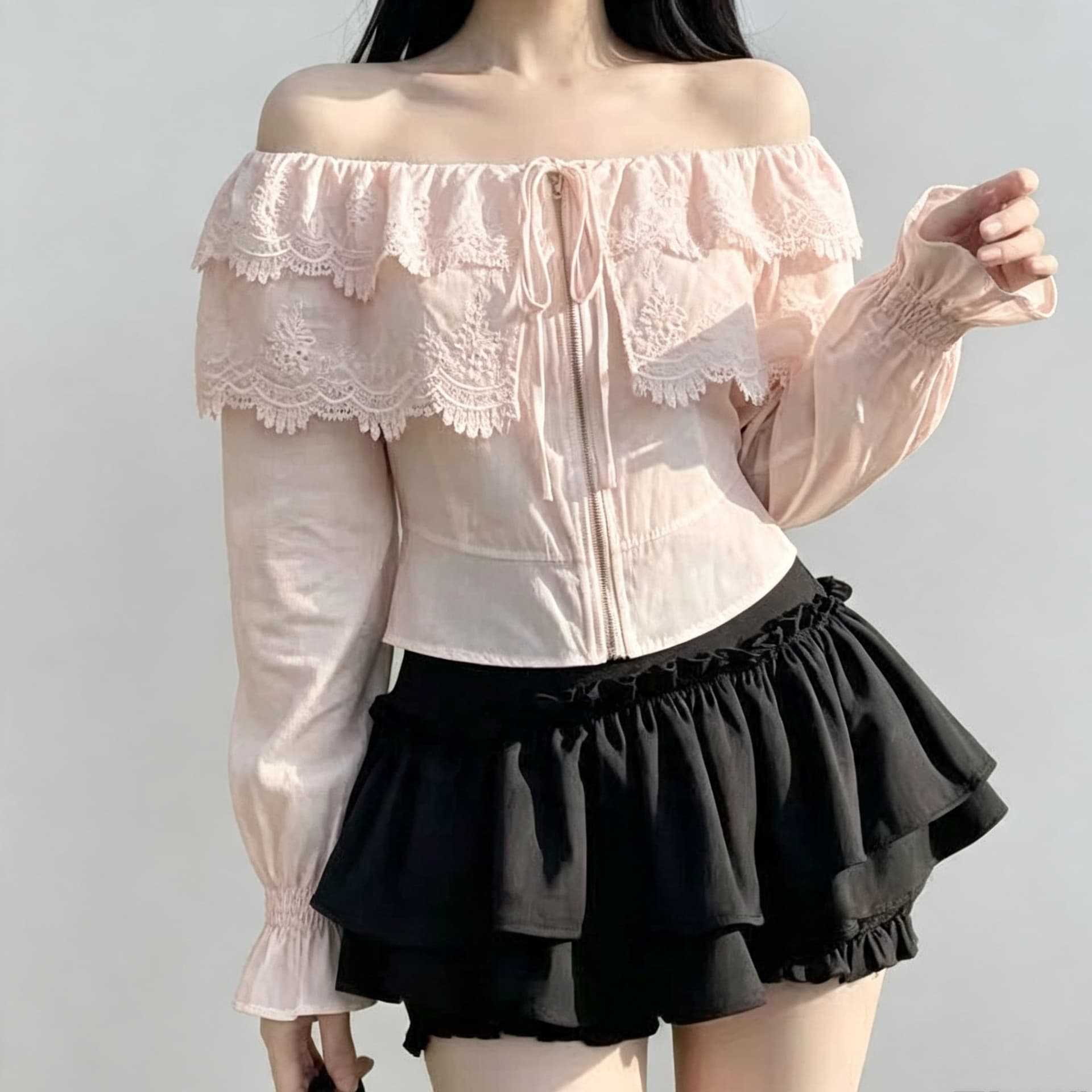 재고 있음 프랑스식 오프숄더 프릴 거품 소매 여성 셔츠 가을 파란색 레이스업 쇼트 스타일 품격 맨위 지퍼 섹션 상세 이미지 8