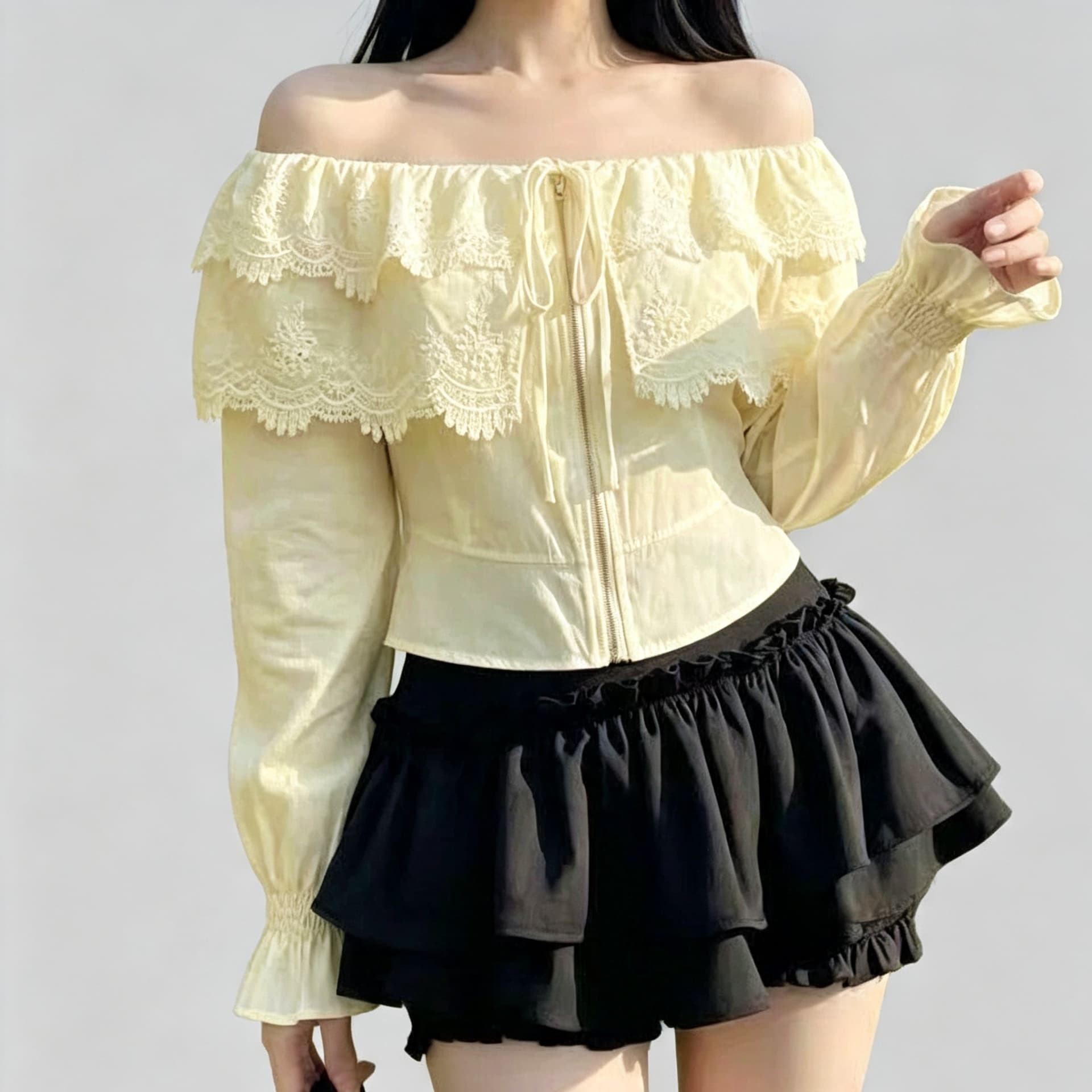 재고 있음 프랑스식 오프숄더 프릴 거품 소매 여성 셔츠 가을 파란색 레이스업 쇼트 스타일 품격 맨위 지퍼 섹션 상세 이미지 9