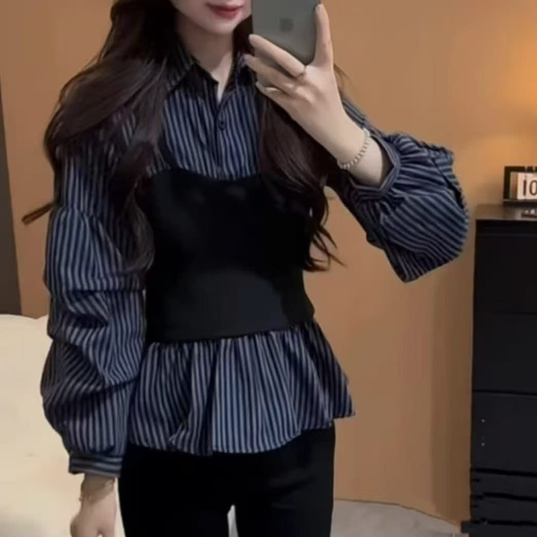 재고 있음 스트라이프 허리 수축 슬림해 보이는 페이크 레이어드 여성 셔츠 봄 가을 새로운 디자인 센스 작은 대중 달콤한 매운맛 바람 맨위 긴팔 이미지 3
