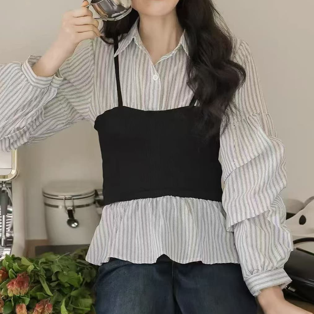 재고 있음 스트라이프 허리 수축 슬림해 보이는 페이크 레이어드 여성 셔츠 봄 가을 새로운 디자인 센스 작은 대중 달콤한 매운맛 바람 맨위 긴팔 이미지 4