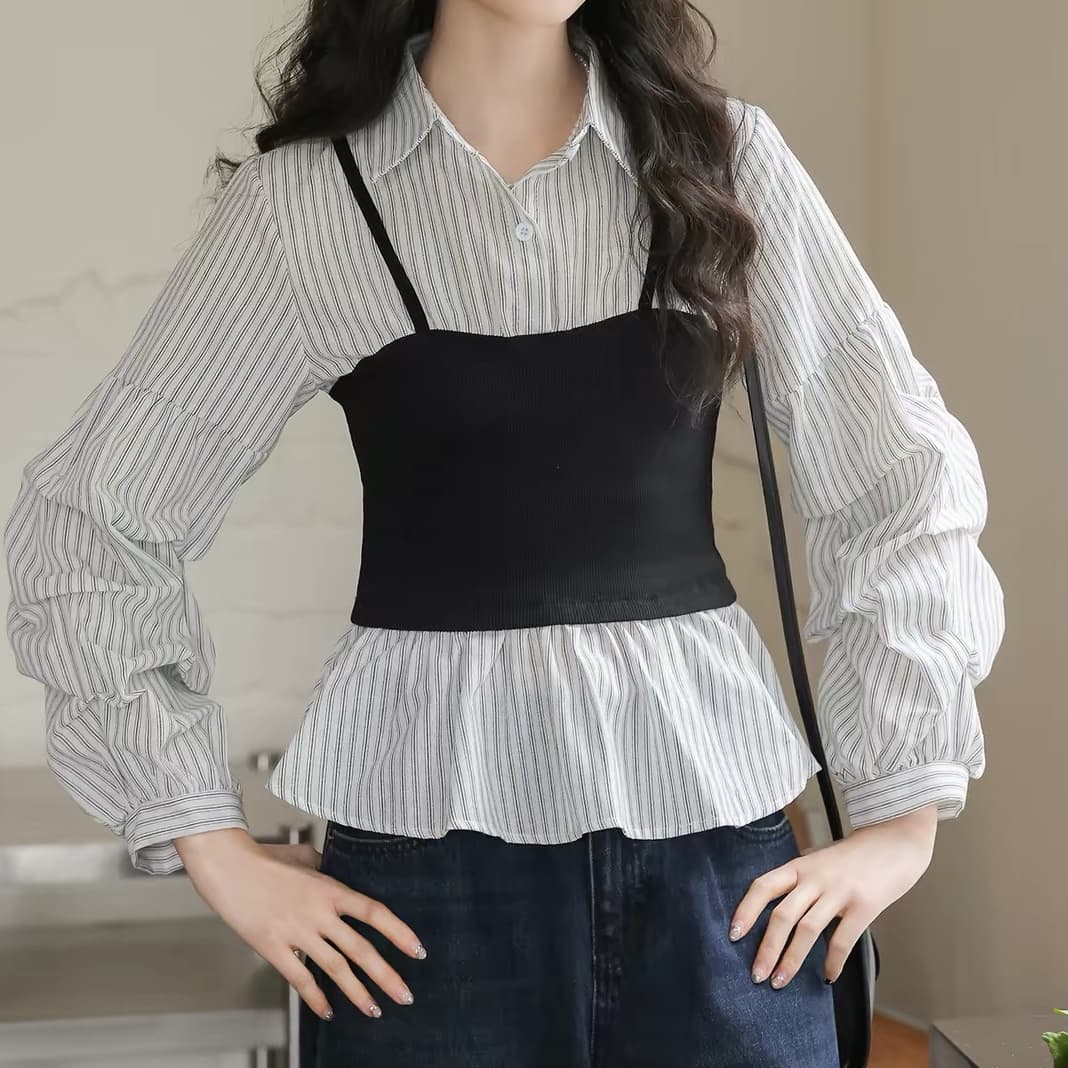 재고 있음 스트라이프 허리 수축 슬림해 보이는 페이크 레이어드 여성 셔츠 봄 가을 새로운 디자인 센스 작은 대중 달콤한 매운맛 바람 맨위 긴팔 이미지 5