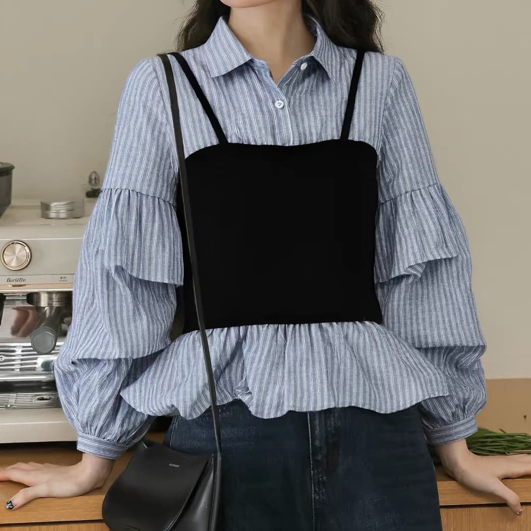 재고 있음 스트라이프 허리 수축 슬림해 보이는 페이크 레이어드 여성 셔츠 봄 가을 새로운 디자인 센스 작은 대중 달콤한 매운맛 바람 맨위 긴팔 상세 이미지 3