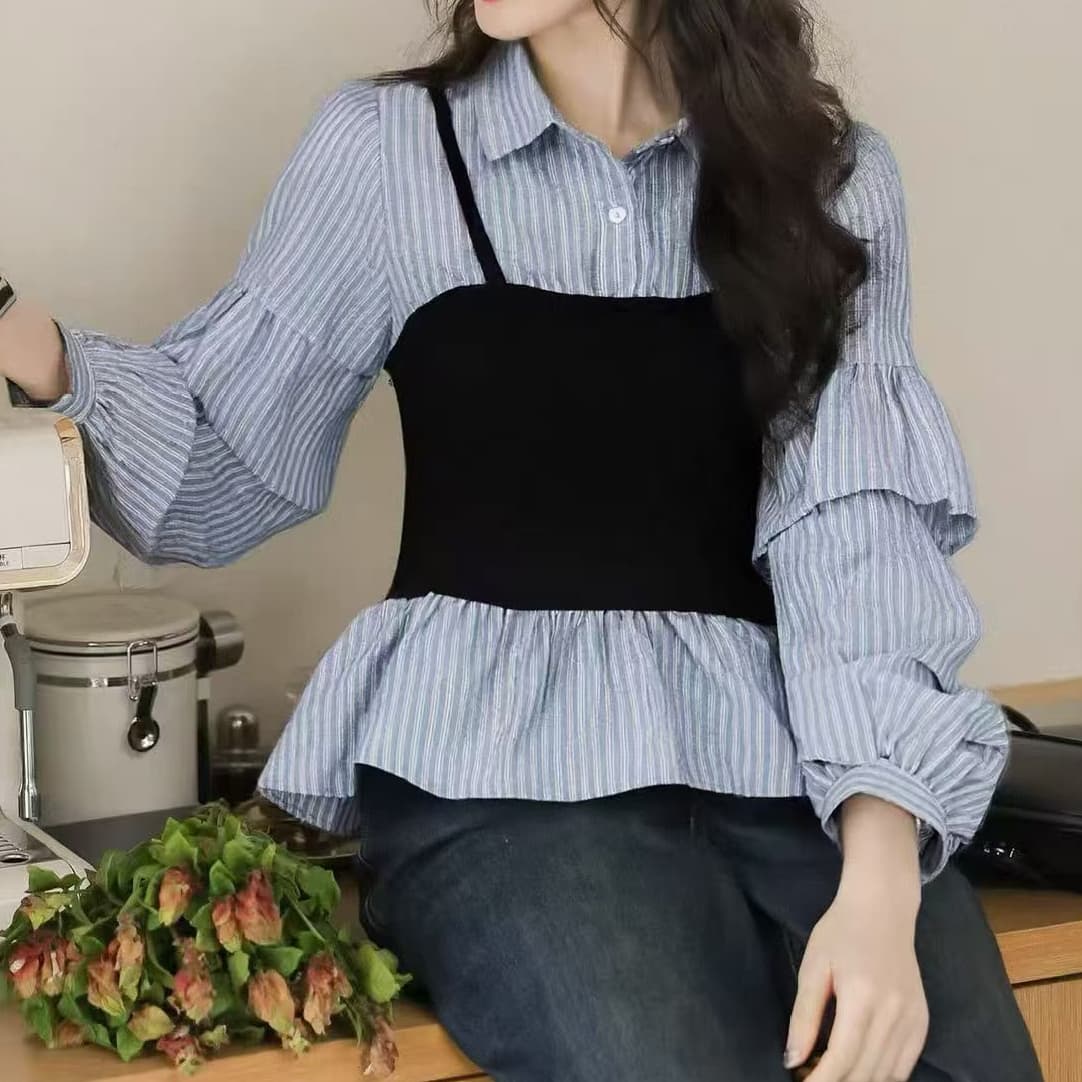 재고 있음 스트라이프 허리 수축 슬림해 보이는 페이크 레이어드 여성 셔츠 봄 가을 새로운 디자인 센스 작은 대중 달콤한 매운맛 바람 맨위 긴팔 상세 이미지 4