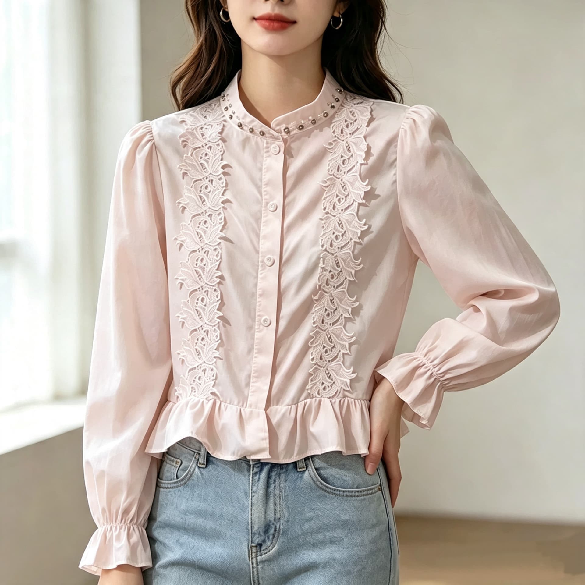 재고 있음 화이트 Chic 디자인 센스 스탠드 칼라 프릴 셔츠 봄 가을 새로운 슬림해 보이는 품격 비즈 박기 셔츠 맨위 이미지 4