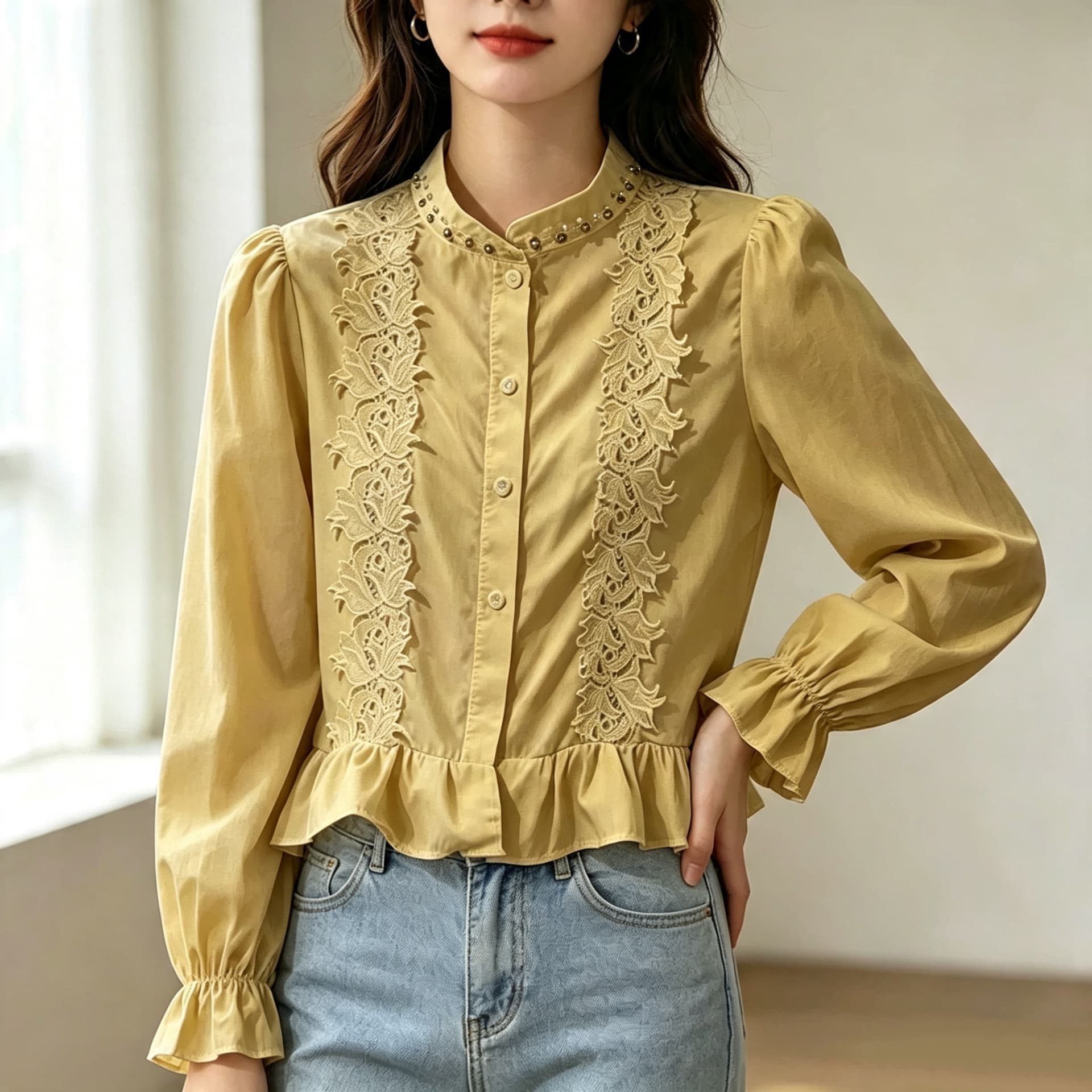 재고 있음 화이트 Chic 디자인 센스 스탠드 칼라 프릴 셔츠 봄 가을 새로운 슬림해 보이는 품격 비즈 박기 셔츠 맨위