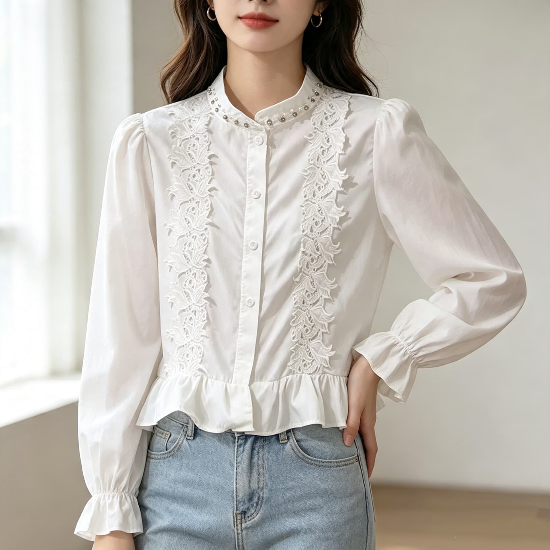 재고 있음 화이트 Chic 디자인 센스 스탠드 칼라 프릴 셔츠 봄 가을 새로운 슬림해 보이는 품격 비즈 박기 셔츠 맨위 이미지 3