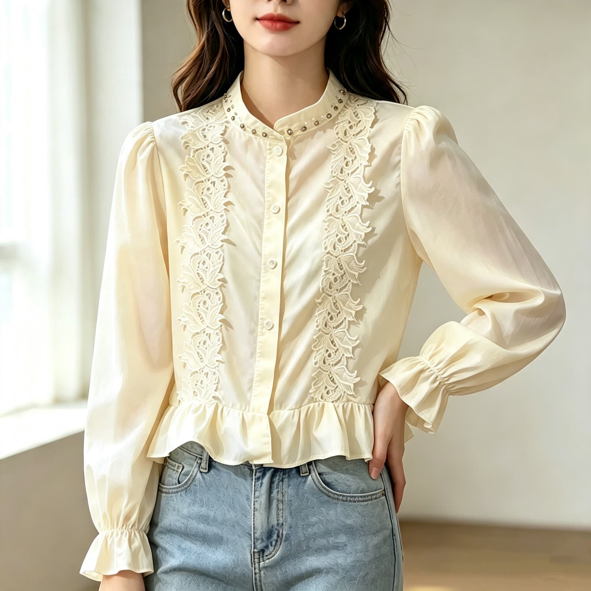 재고 있음 화이트 Chic 디자인 센스 스탠드 칼라 프릴 셔츠 봄 가을 새로운 슬림해 보이는 품격 비즈 박기 셔츠 맨위 상세 이미지 5