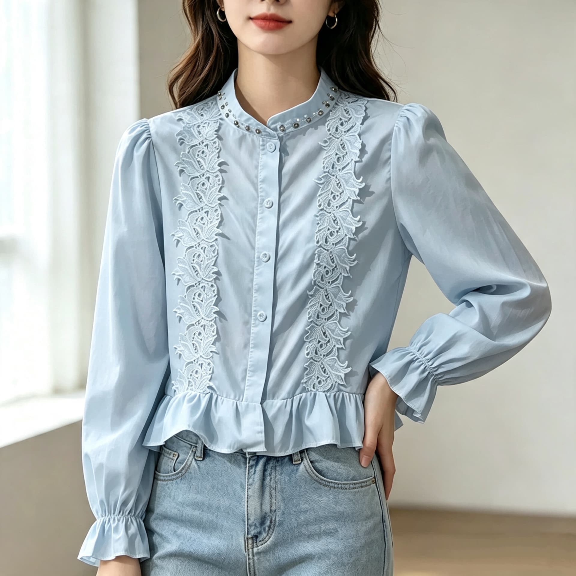 재고 있음 화이트 Chic 디자인 센스 스탠드 칼라 프릴 셔츠 봄 가을 새로운 슬림해 보이는 품격 비즈 박기 셔츠 맨위 상세 이미지 6