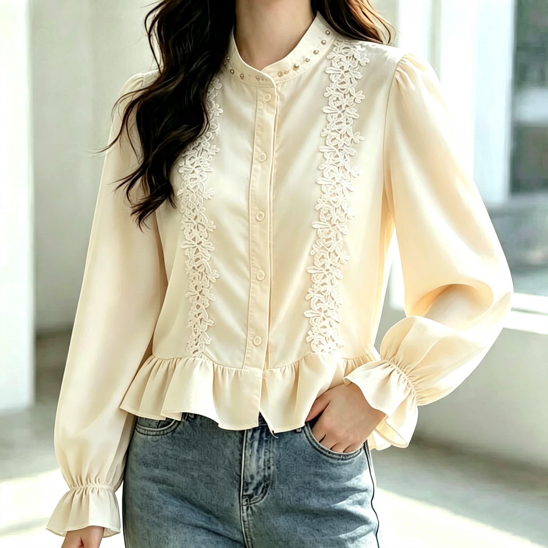 재고 있음 화이트 Chic 디자인 센스 스탠드 칼라 프릴 셔츠 봄 가을 새로운 슬림해 보이는 품격 비즈 박기 셔츠 맨위 이미지 3