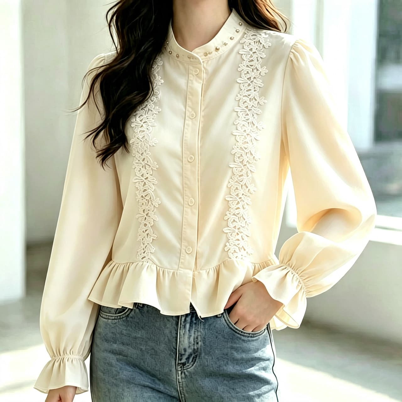 재고 있음 화이트 Chic 디자인 센스 스탠드 칼라 프릴 셔츠 봄 가을 새로운 슬림해 보이는 품격 비즈 박기 셔츠 맨위 상세 이미지 4