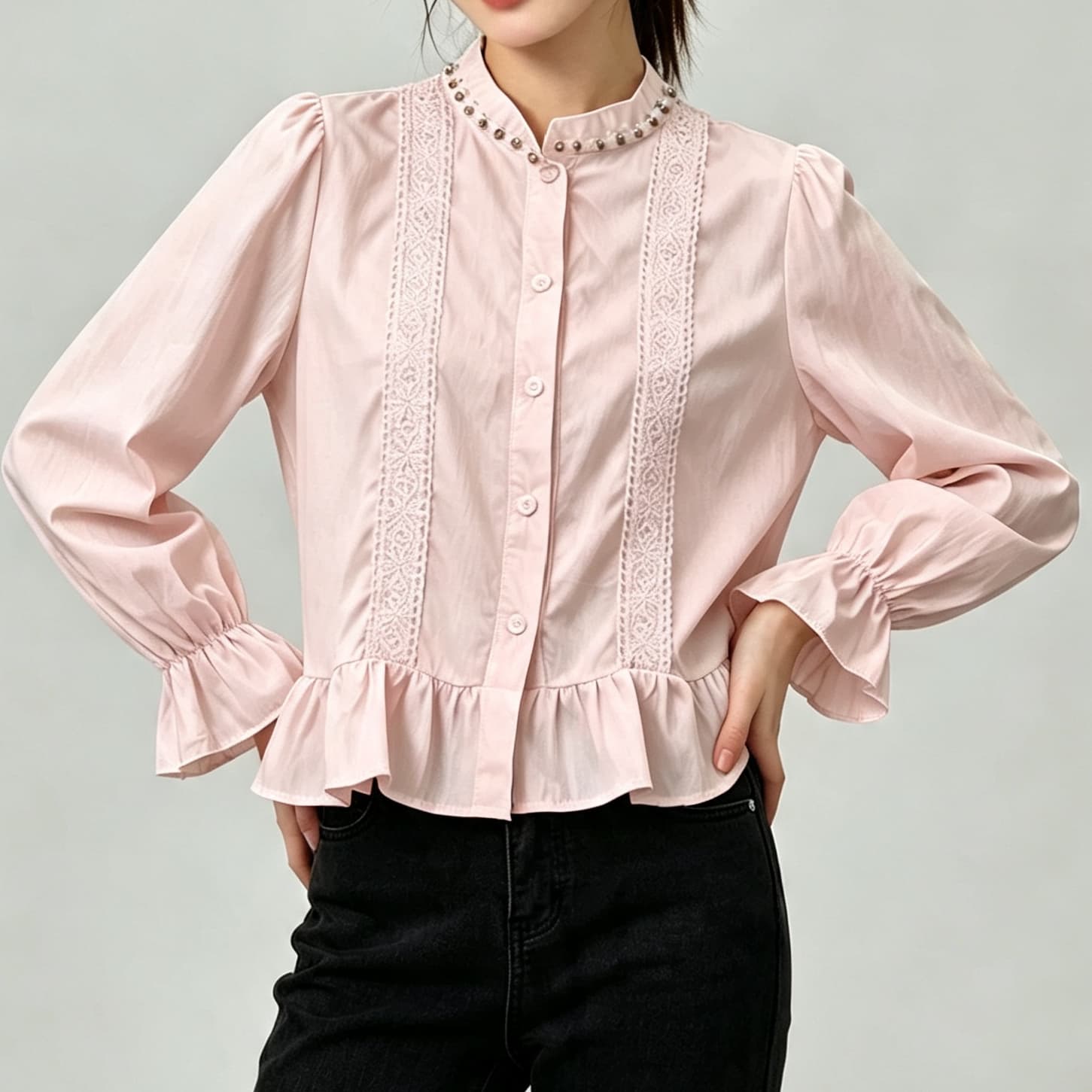 재고 있음 화이트 Chic 디자인 센스 스탠드 칼라 프릴 셔츠 봄 가을 새로운 슬림해 보이는 품격 비즈 박기 셔츠 맨위 이미지 5