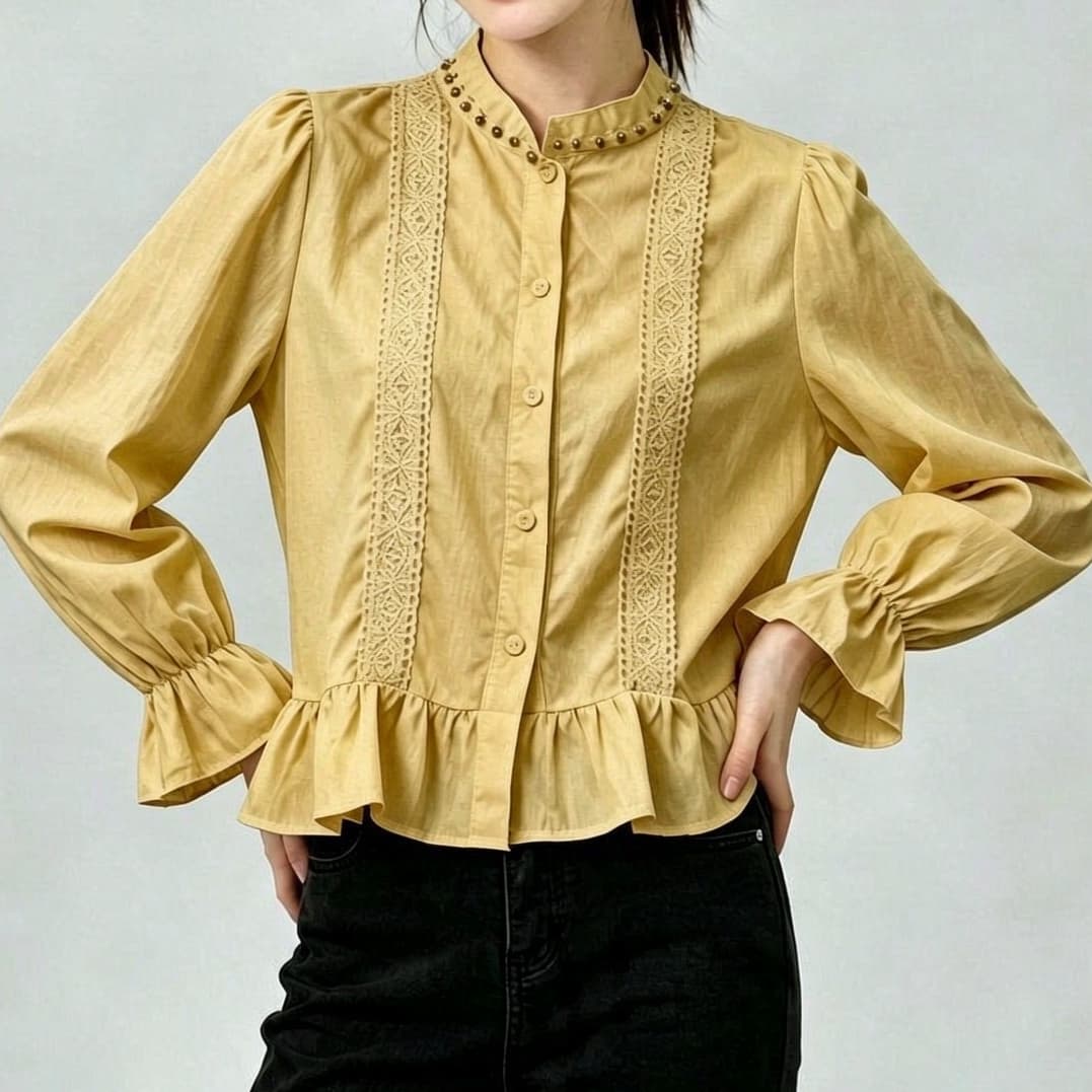 재고 있음 화이트 Chic 디자인 센스 스탠드 칼라 프릴 셔츠 봄 가을 새로운 슬림해 보이는 품격 비즈 박기 셔츠 맨위 상세 이미지 5