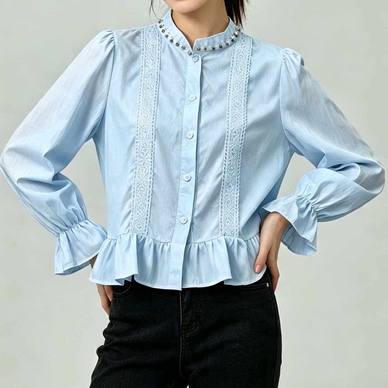 재고 있음 화이트 Chic 디자인 센스 스탠드 칼라 프릴 셔츠 봄 가을 새로운 슬림해 보이는 품격 비즈 박기 셔츠 맨위 상세 이미지 7