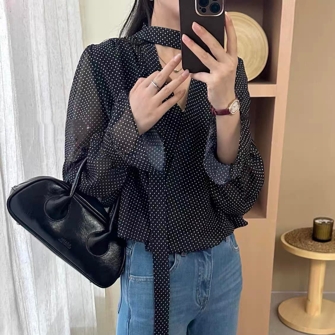 재고 있음 봄 가을 켜기 새로운 한 부서 클래식 폭발 도트 무늬 꽃밭 분위기 센스 맨위 리본 칼라 쉬폰 블라우스 긴팔 상세 이미지 4