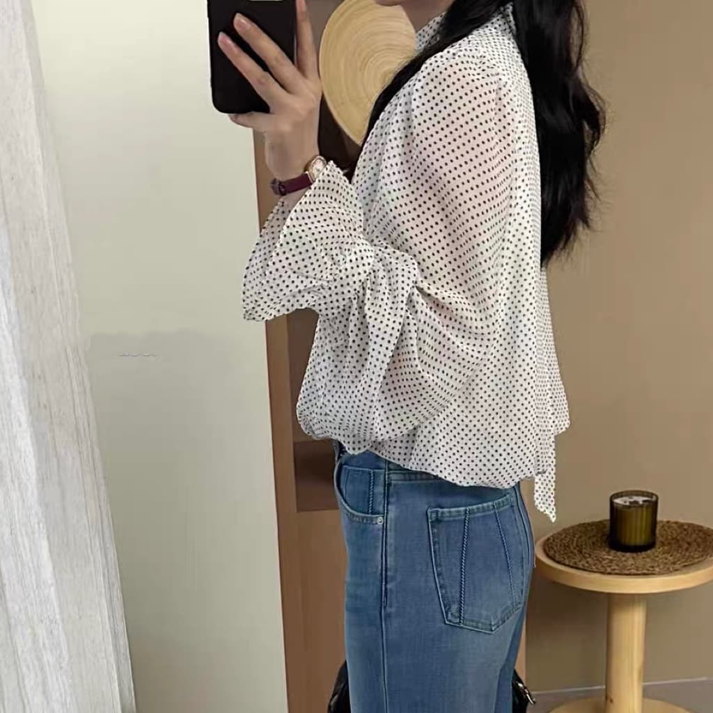 재고 있음 봄 가을 켜기 새로운 한 부서 클래식 폭발 도트 무늬 꽃밭 분위기 센스 맨위 리본 칼라 쉬폰 블라우스 긴팔 상세 이미지 7