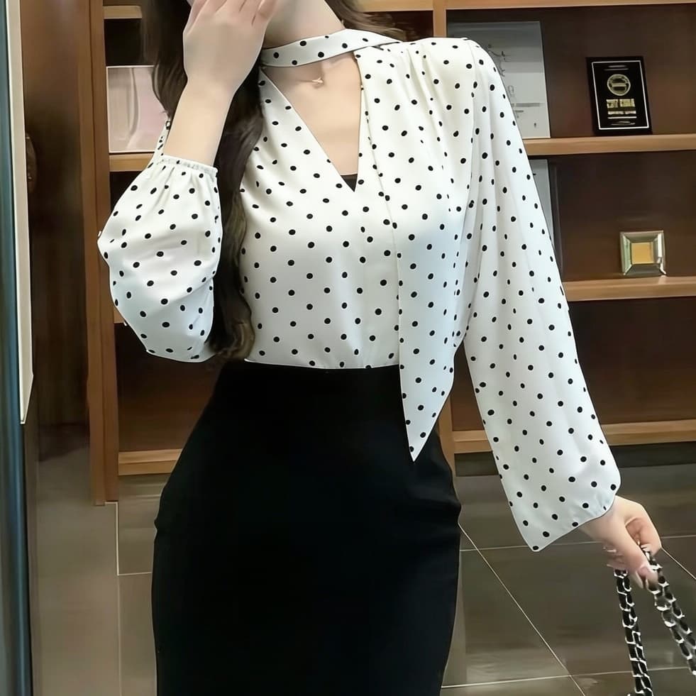 재고 있음 봄 가을 새로운 레오파드 무늬 긴팔 로얄 자매 바람 목도리 리본 도트 무늬 쉬폰 톱 V넥 루즈핏 쉬폰 블라우스 이미지 4