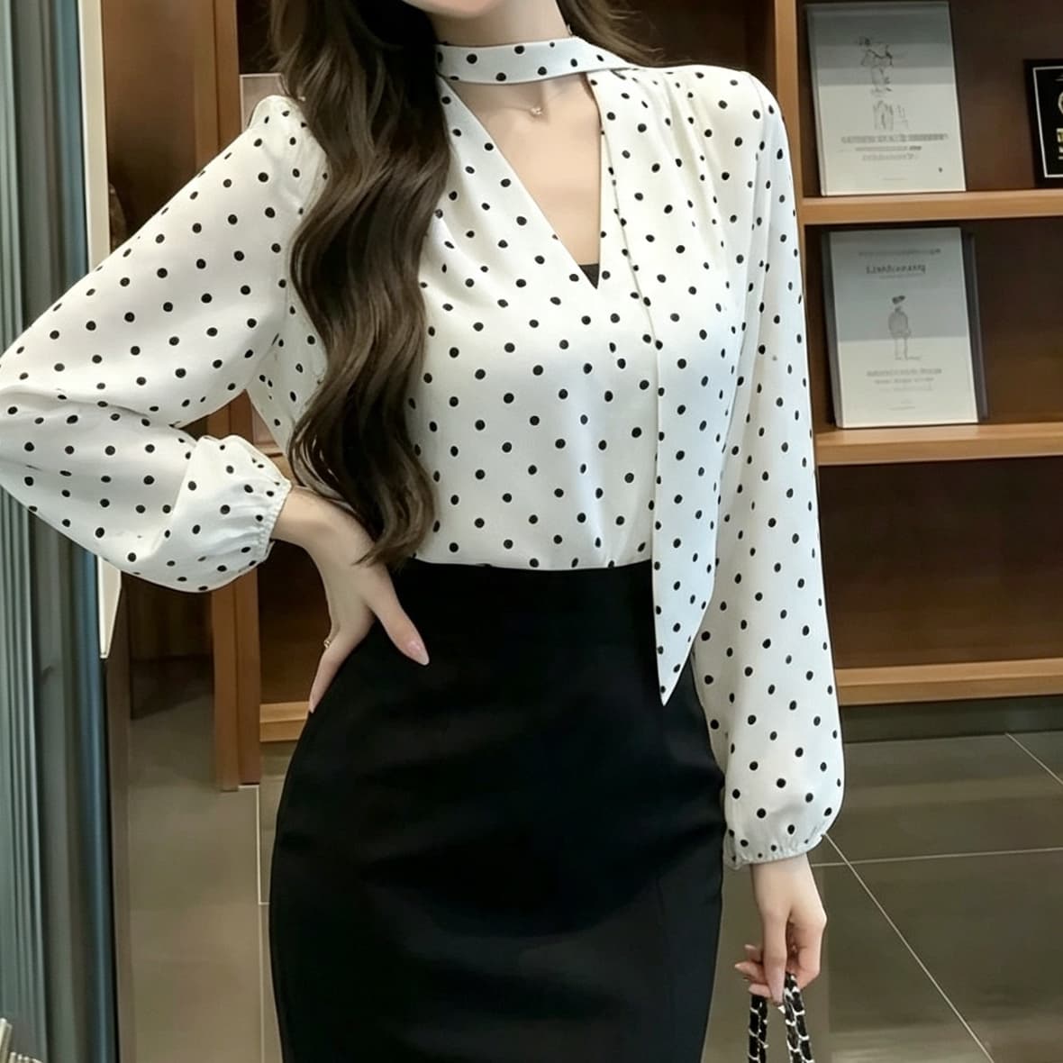 재고 있음 봄 가을 새로운 레오파드 무늬 긴팔 로얄 자매 바람 목도리 리본 도트 무늬 쉬폰 톱 V넥 루즈핏 쉬폰 블라우스 상세 이미지 3