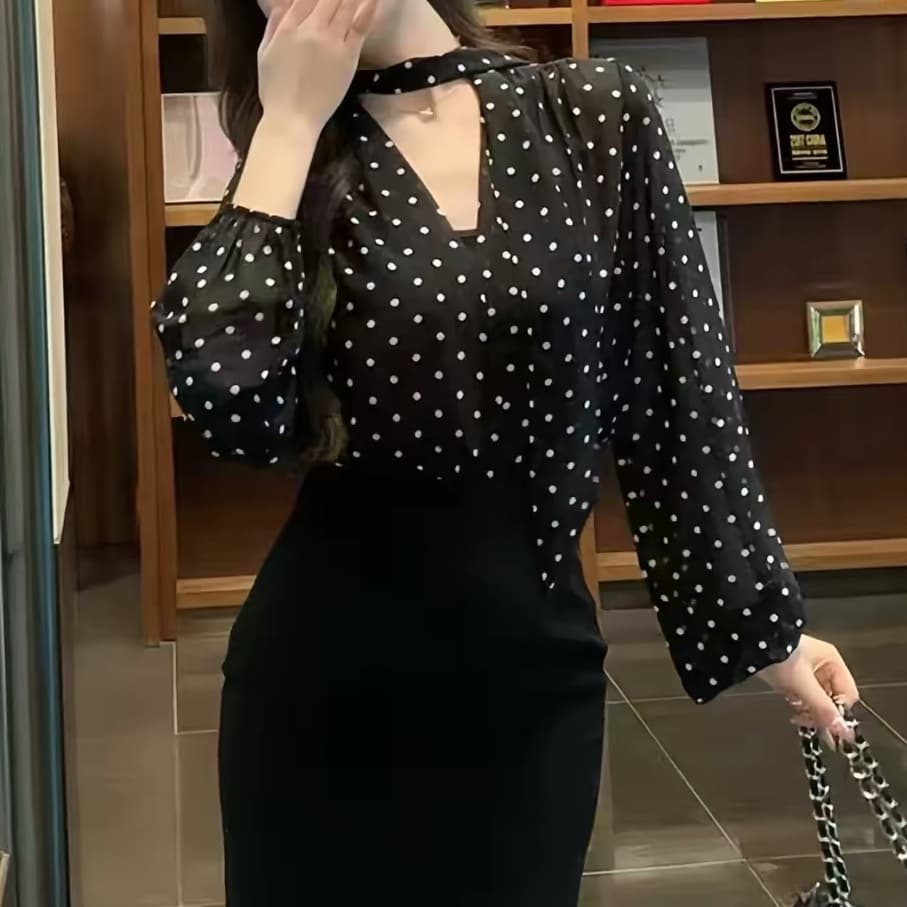 재고 있음 봄 가을 새로운 레오파드 무늬 긴팔 로얄 자매 바람 목도리 리본 도트 무늬 쉬폰 톱 V넥 루즈핏 쉬폰 블라우스 상세 이미지 5