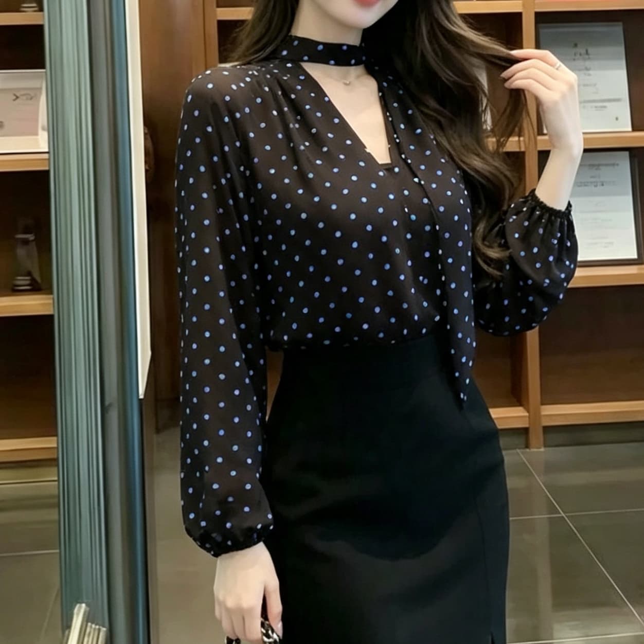 재고 있음 봄 가을 새로운 레오파드 무늬 긴팔 로얄 자매 바람 목도리 리본 도트 무늬 쉬폰 톱 V넥 루즈핏 쉬폰 블라우스 상세 이미지 7