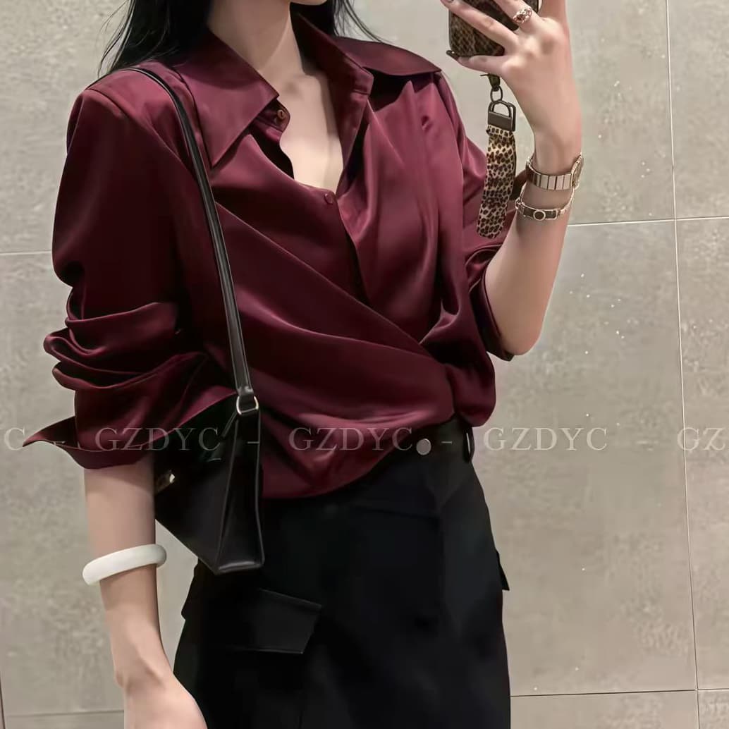 재고 있음 빛 럭셔리 고급 센스 아세트산 새틴 여성 셔츠 빛 직장 출퇴근 품격 셔츠 프랑스식 그레이트 봐. 의류 상세 이미지 3