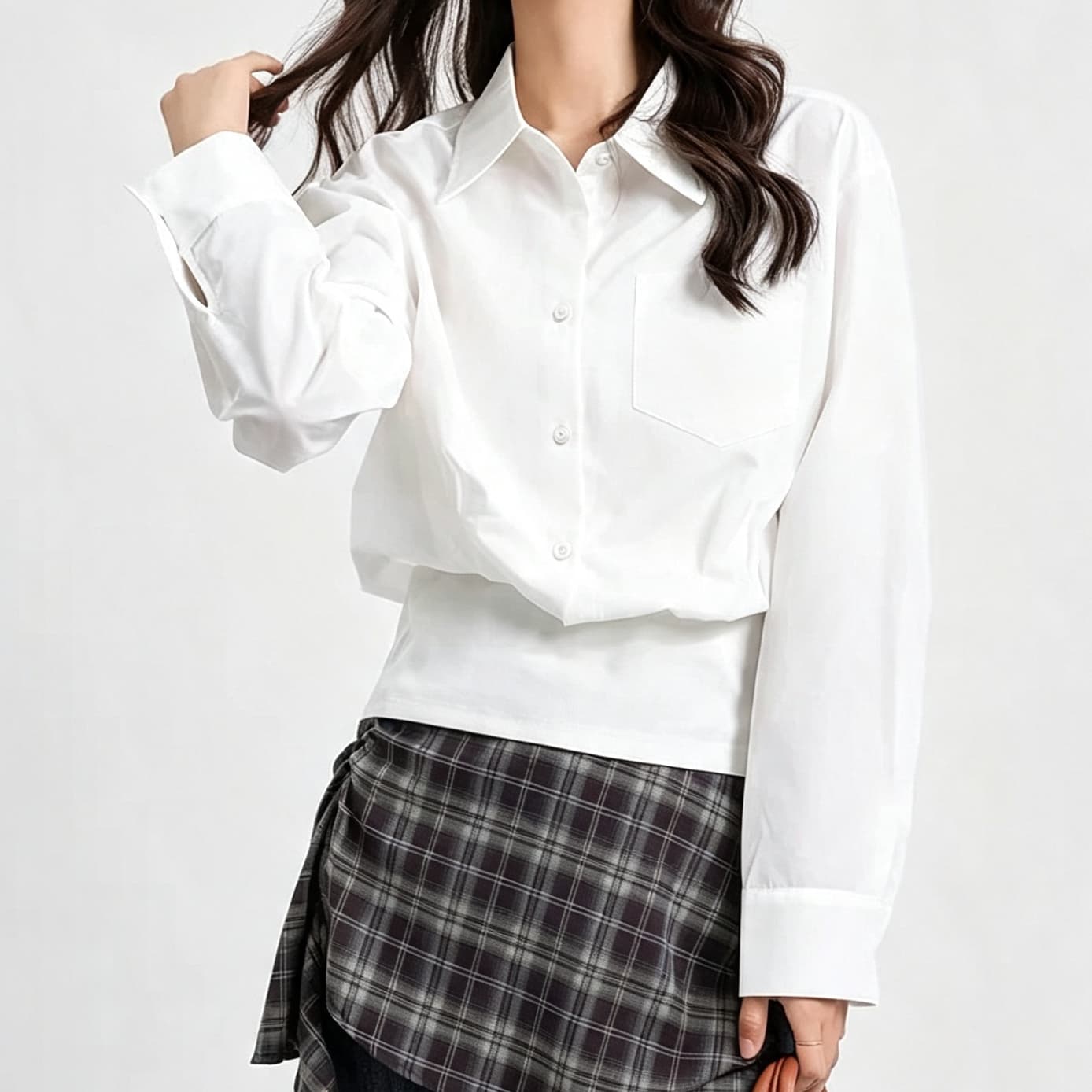재고 있음 디자인 센스 페이크 레이어드 여성 셔츠 루즈핏 긴팔 맨위 봄 가을 새로운 허리 수축 슬림해 보이는 화이트 셔츠 이미지 2