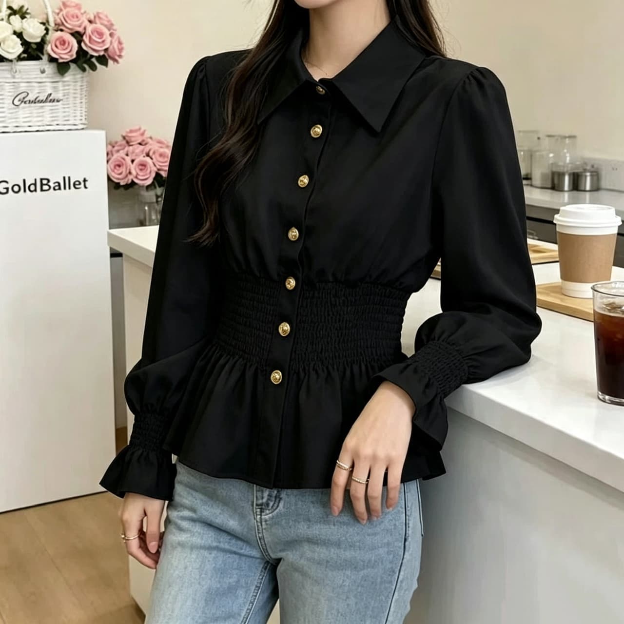 재고 있음 프랑스식 고급 센스 품격 나팔 소매 폴로 칼라 여성 셔츠 봄 가을 새로운 허리 수축 슬림해 보이는 싱글 줄 버튼 맨위 이미지 4