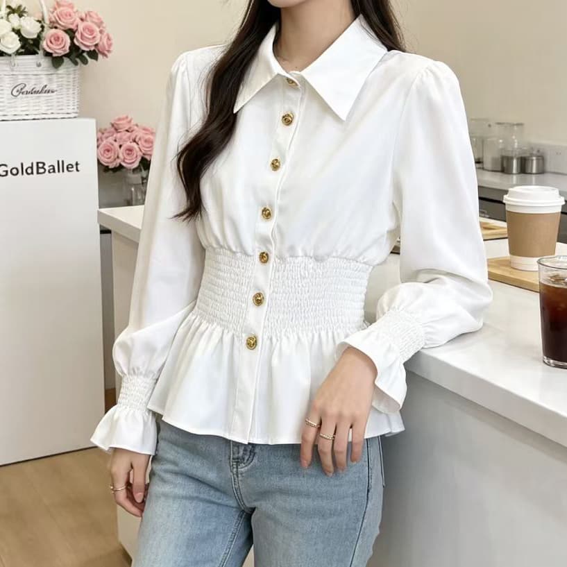 재고 있음 프랑스식 고급 센스 품격 나팔 소매 폴로 칼라 여성 셔츠 봄 가을 새로운 허리 수축 슬림해 보이는 싱글 줄 버튼 맨위