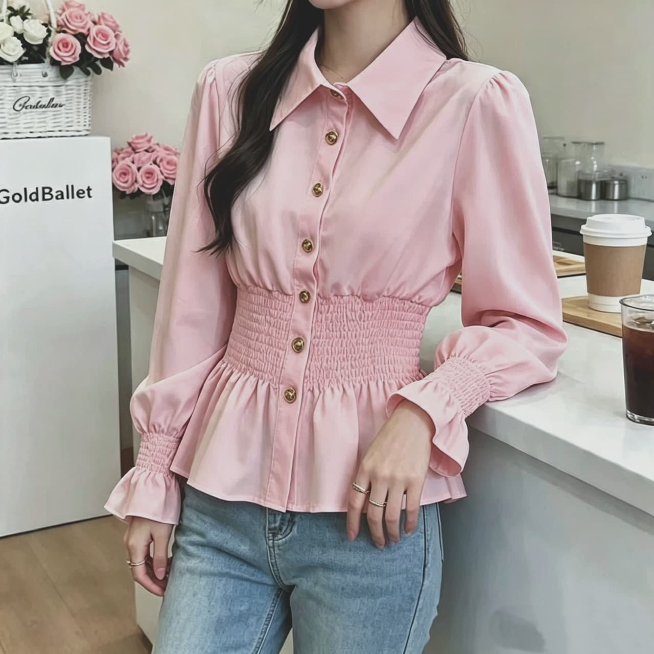 재고 있음 프랑스식 고급 센스 품격 나팔 소매 폴로 칼라 여성 셔츠 봄 가을 새로운 허리 수축 슬림해 보이는 싱글 줄 버튼 맨위 상세 이미지 4