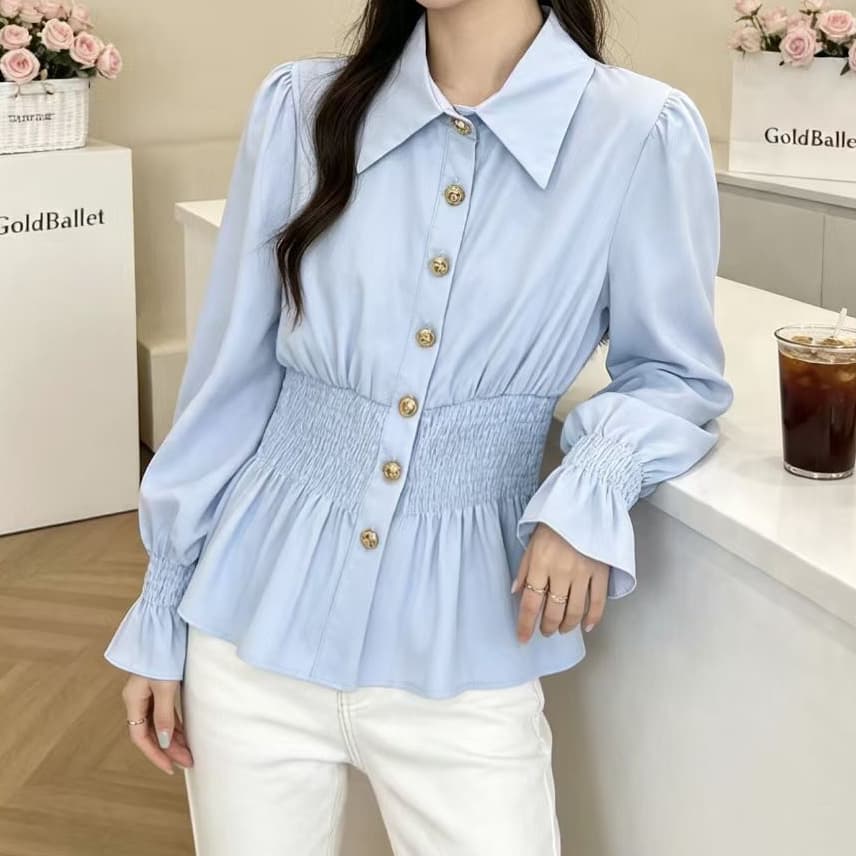 재고 있음 프랑스식 고급 센스 품격 나팔 소매 폴로 칼라 여성 셔츠 봄 가을 새로운 허리 수축 슬림해 보이는 싱글 줄 버튼 맨위 상세 이미지 6