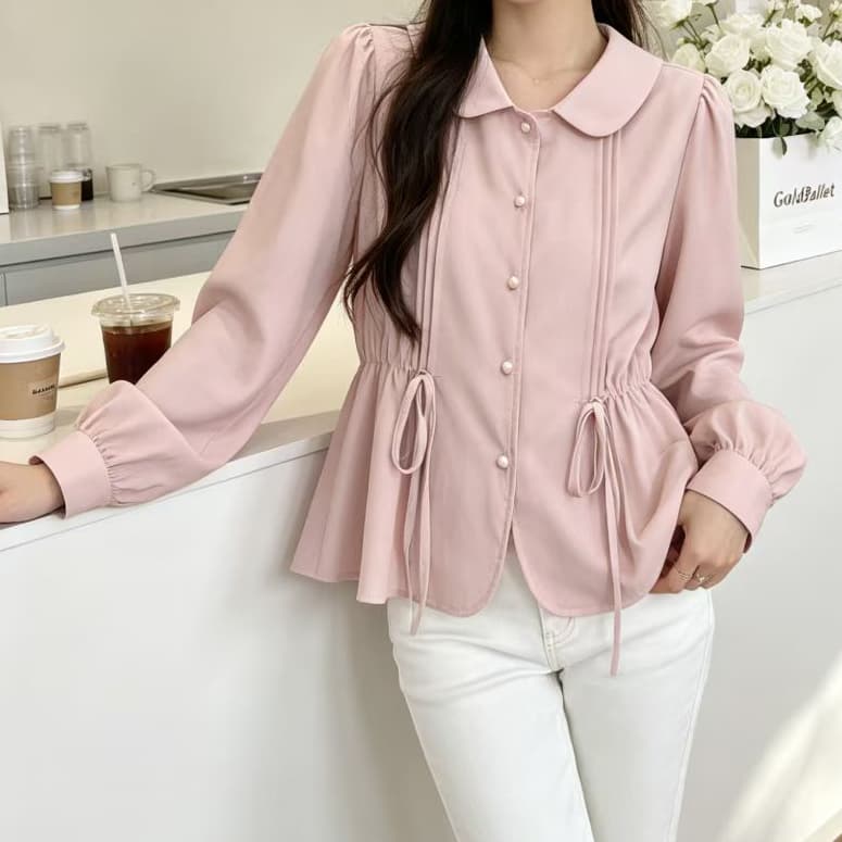 재고 있음 봄 가을 라운드 넥 흰 셔츠 인사이드 가져 가라. 새로운 달콤함 셔츠 작은 키 레이스업 베이비 칼라 긴팔 맨위 이미지 3