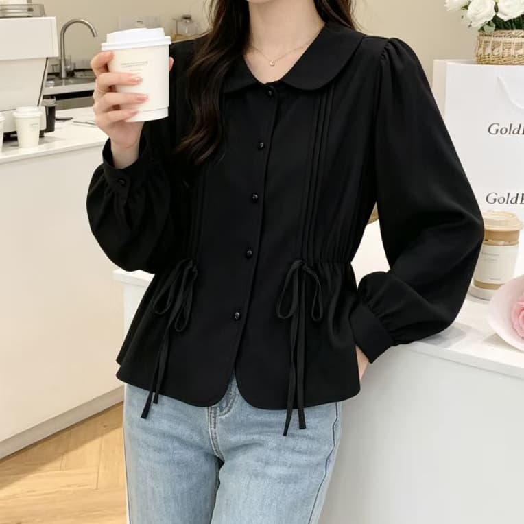 재고 있음 봄 가을 라운드 넥 흰 셔츠 인사이드 가져 가라. 새로운 달콤함 셔츠 작은 키 레이스업 베이비 칼라 긴팔 맨위 상세 이미지 8