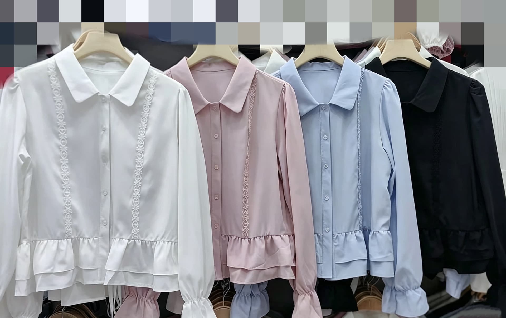 재고 있음 봄 가을 새로운 지방 mm 빅 사이즈 여성 의류 달콤한 스타일 나팔 소매 레이스 레이스 패치워크 폴로 칼라 긴팔 셔츠 상세 이미지 2