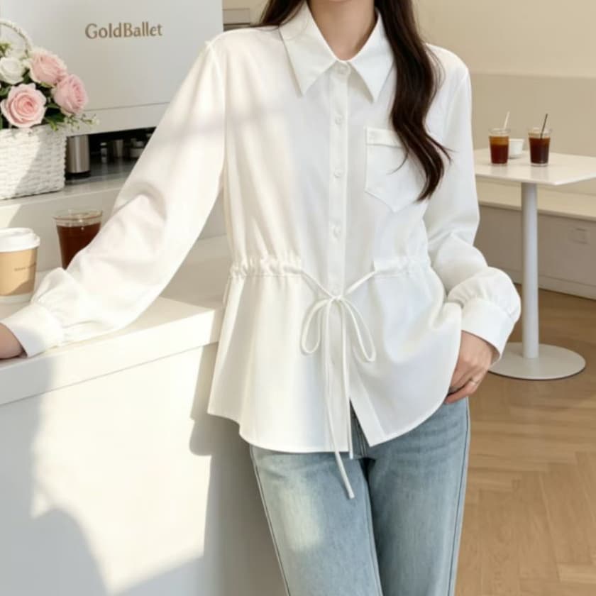 재고 있음 열세 개 새로운 긴팔 한 부서 캐주얼 폴로 칼라 여성 셔츠 봄 가을 스트랩 허리 수축 품격 슬림해 보이는 맨위 이미지 2